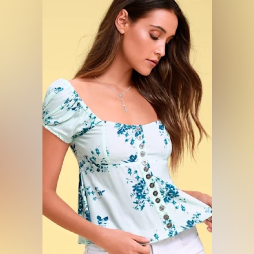 Free People Close to You Mint Blue Floral Print Top